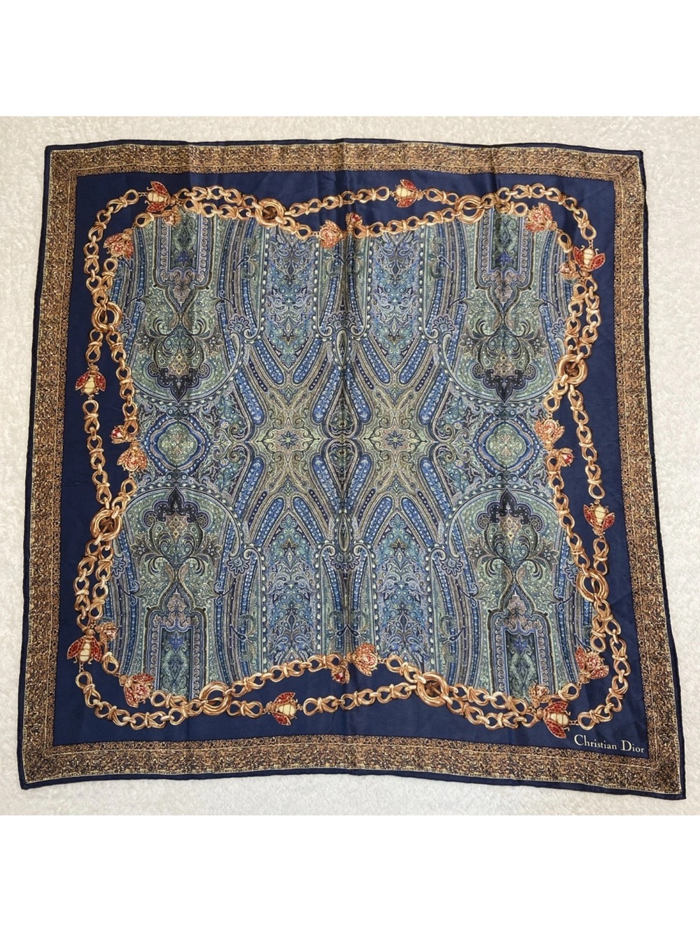 DIOR Vintage SILK Scarf 35” NAVY Gold/Ruby Jewel & Blue-Green Paisley print EUC - Picture 6 of 16